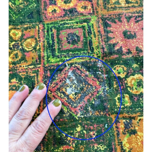 Vintage 70s curtains, green, brown, orange, yellow faux patchwork, pair - Picture 9 of 10